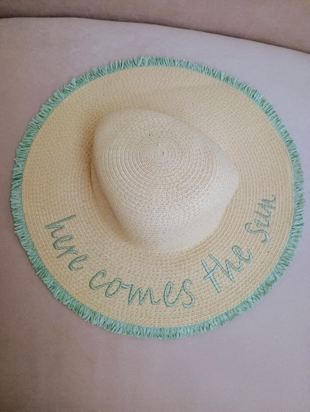 Wide Brim Straw Sun Hat with Mint Trim - Here Comes the Sun